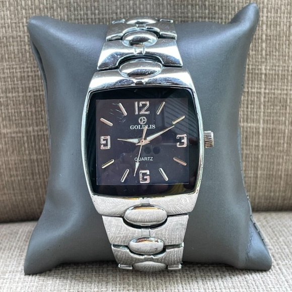 Goldis Men Wrist Watch Silver Tone Analog Quartz Black Face Watch - Picture 2 of 14